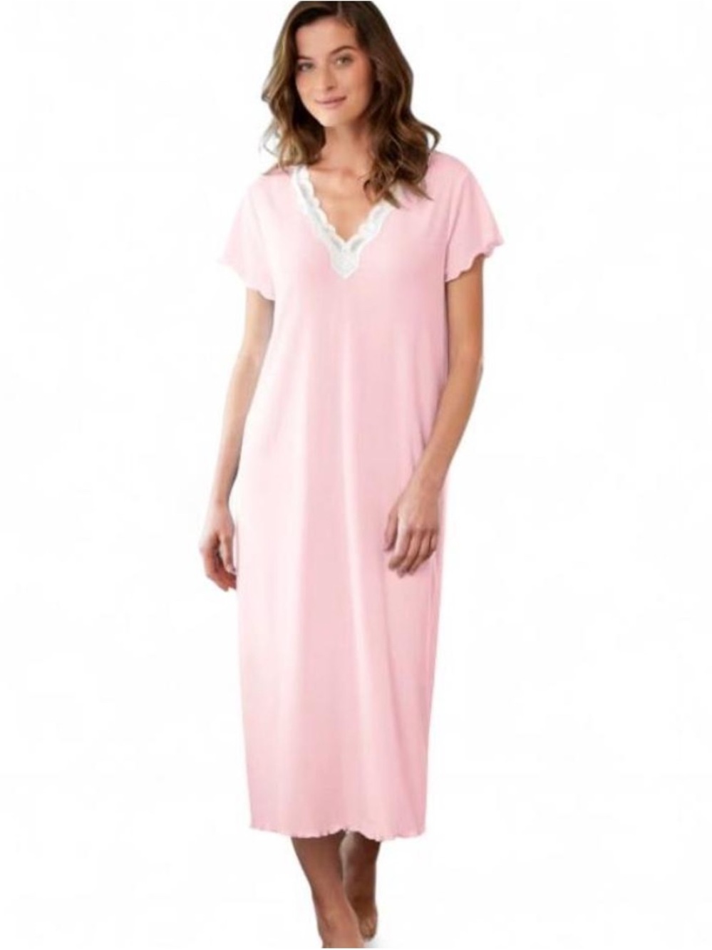 The Vermont Country Store Pink Ribbed Lace Trim Maxi Nightgown Size Small EUC